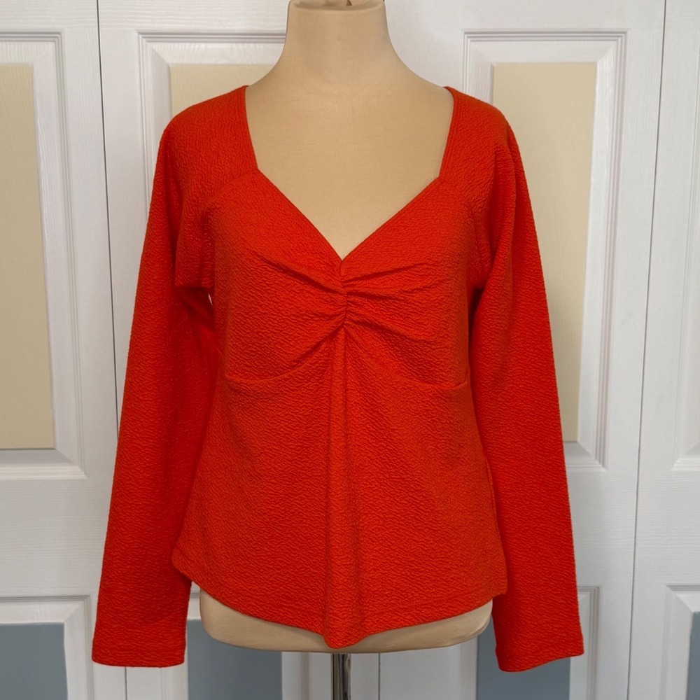 Maeve Anthropologie Orange Ruched Sweetheart Neck Long Sleeve Top OB1678101 L